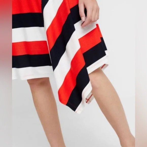 Banana Republic Asymmetrical Orange, Navy, and Cream Dress- Size Large Tall - Picture 4 of 14